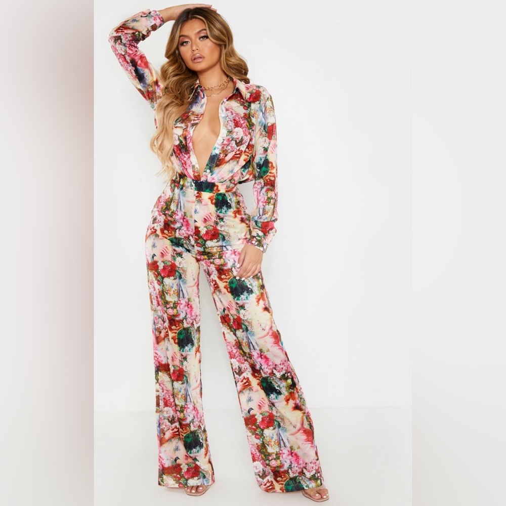 Rose Femme Renaissance Print Wide Legs Pants & Oversized Shirt